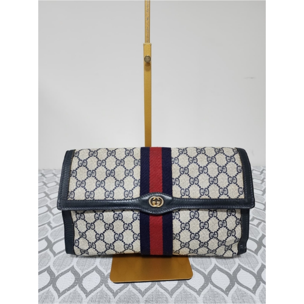 Gucci Vintage GG Sherry Line PVC Leather Clutch Beige/Navy Blue
